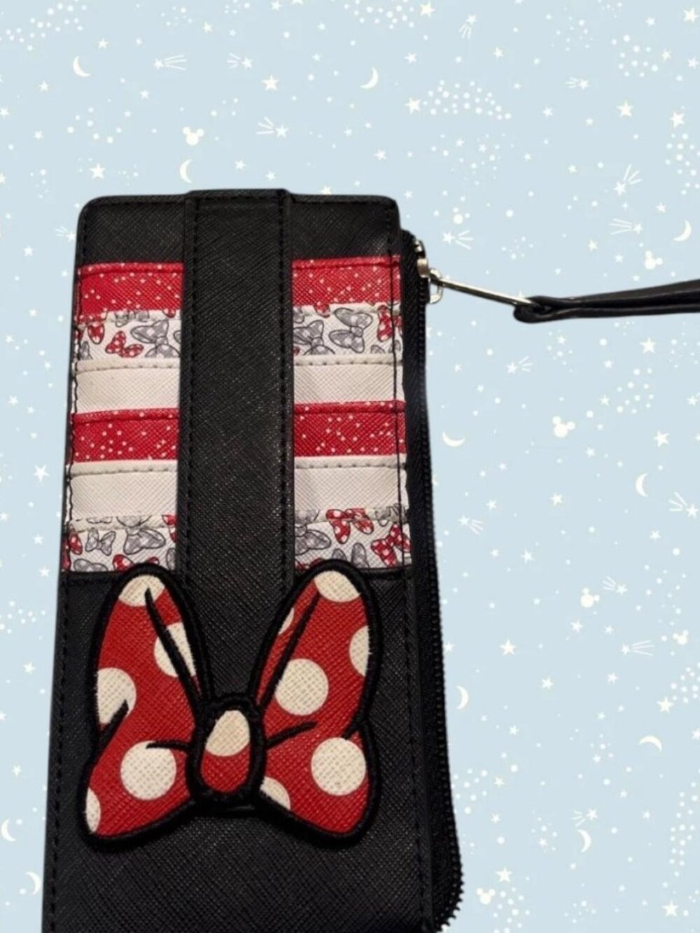 Disney Parks large Minnie Mouse black cardholder and zip wallet with red bow